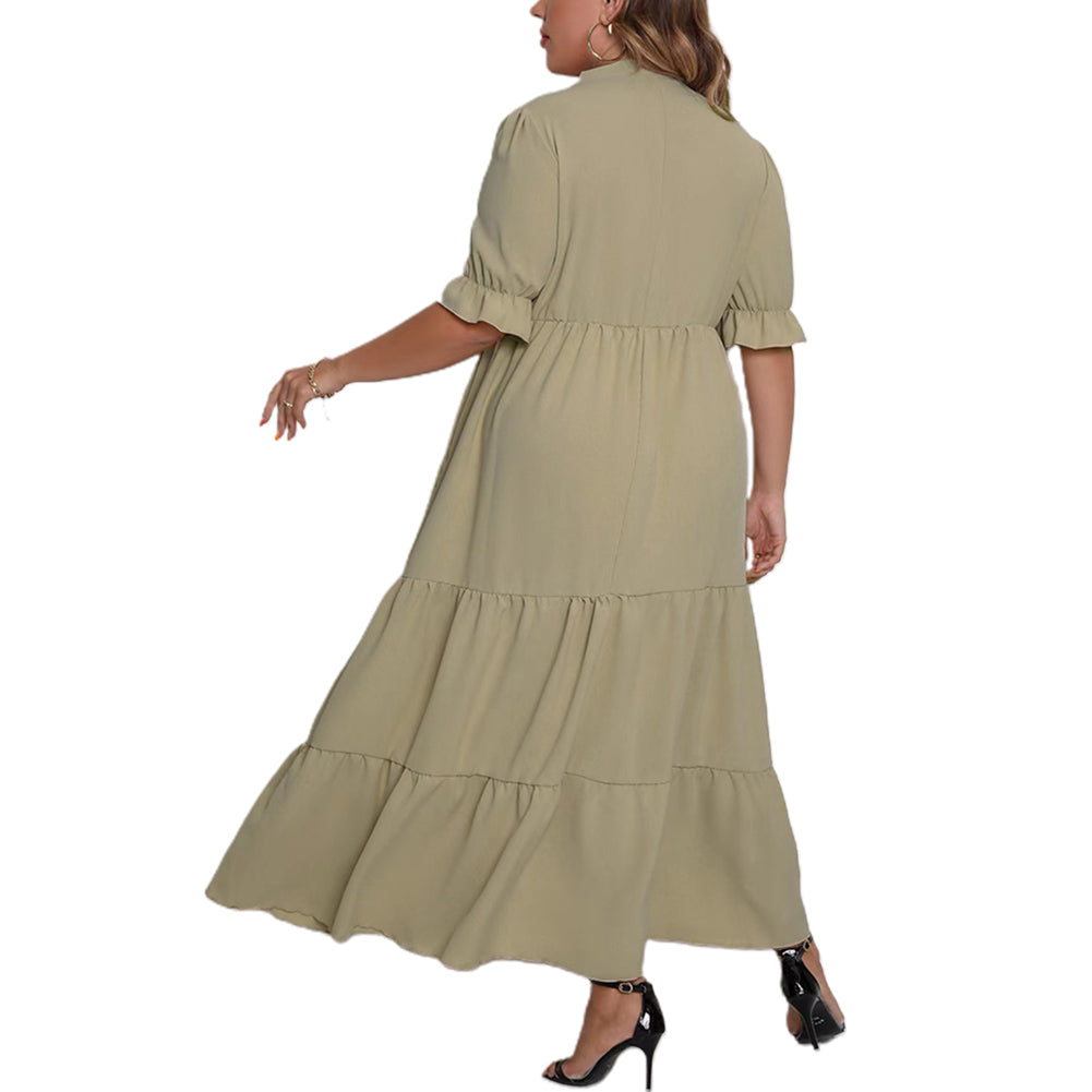 YESFASHION Plus Size Women Summer New Round Neck Short Sleeve Bow Dress