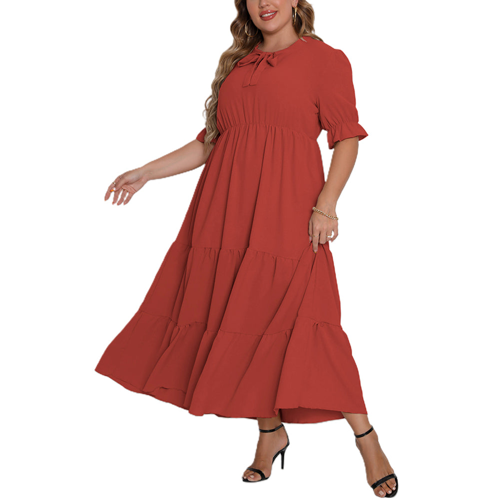 YESFASHION Plus Size Women Summer New Round Neck Short Sleeve Bow Dress