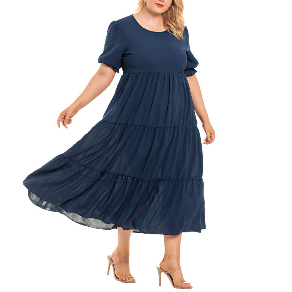 YESFASHION Round Neck Bohemian Plus Size Women Short Sleeve Dress