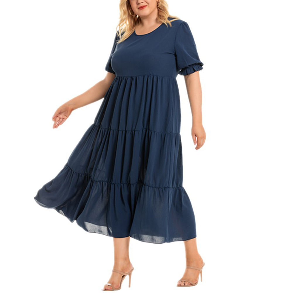 YESFASHION Round Neck Bohemian Plus Size Women Short Sleeve Dress