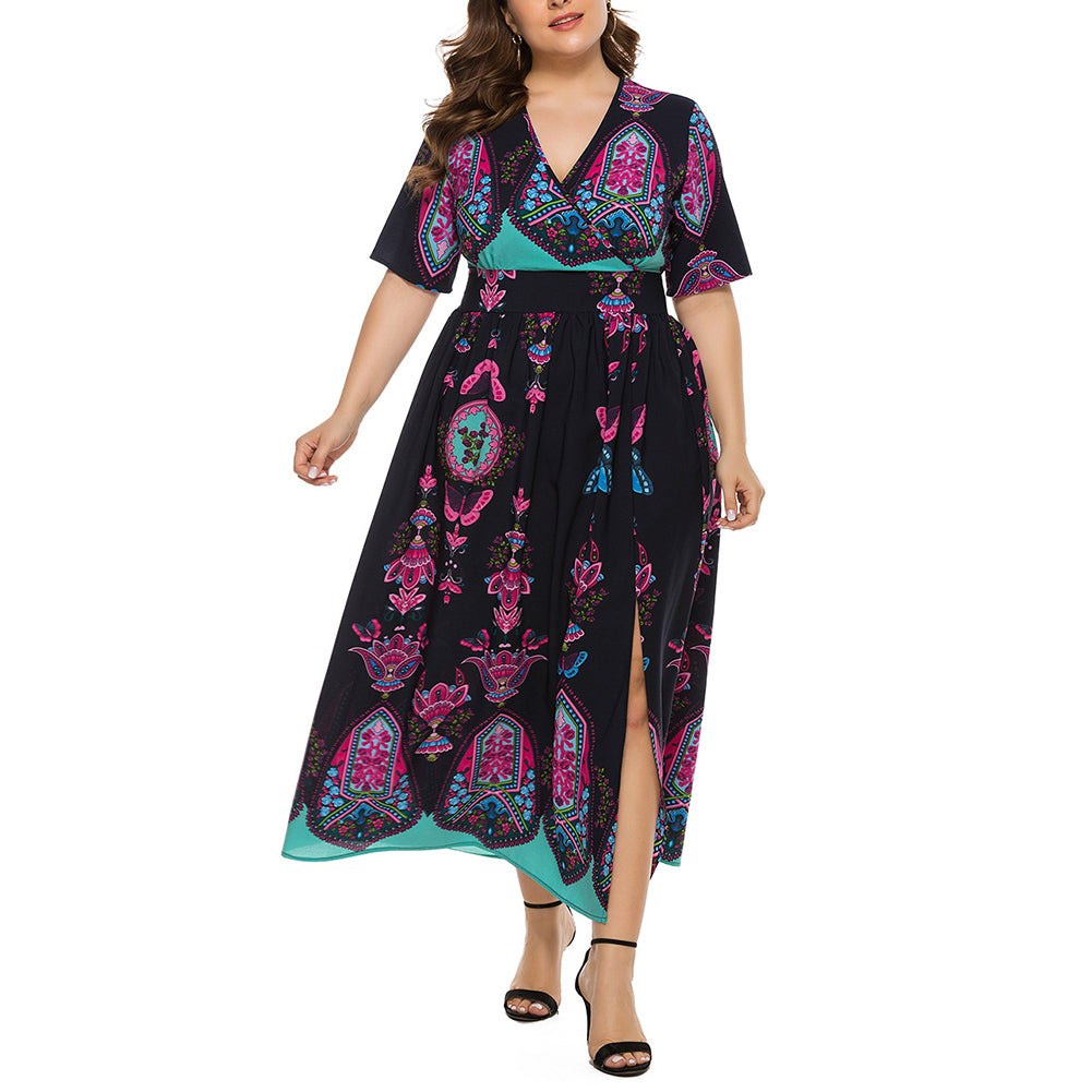 YESFASHION Plus Size Women Dress Bohemian Print Long Skirt