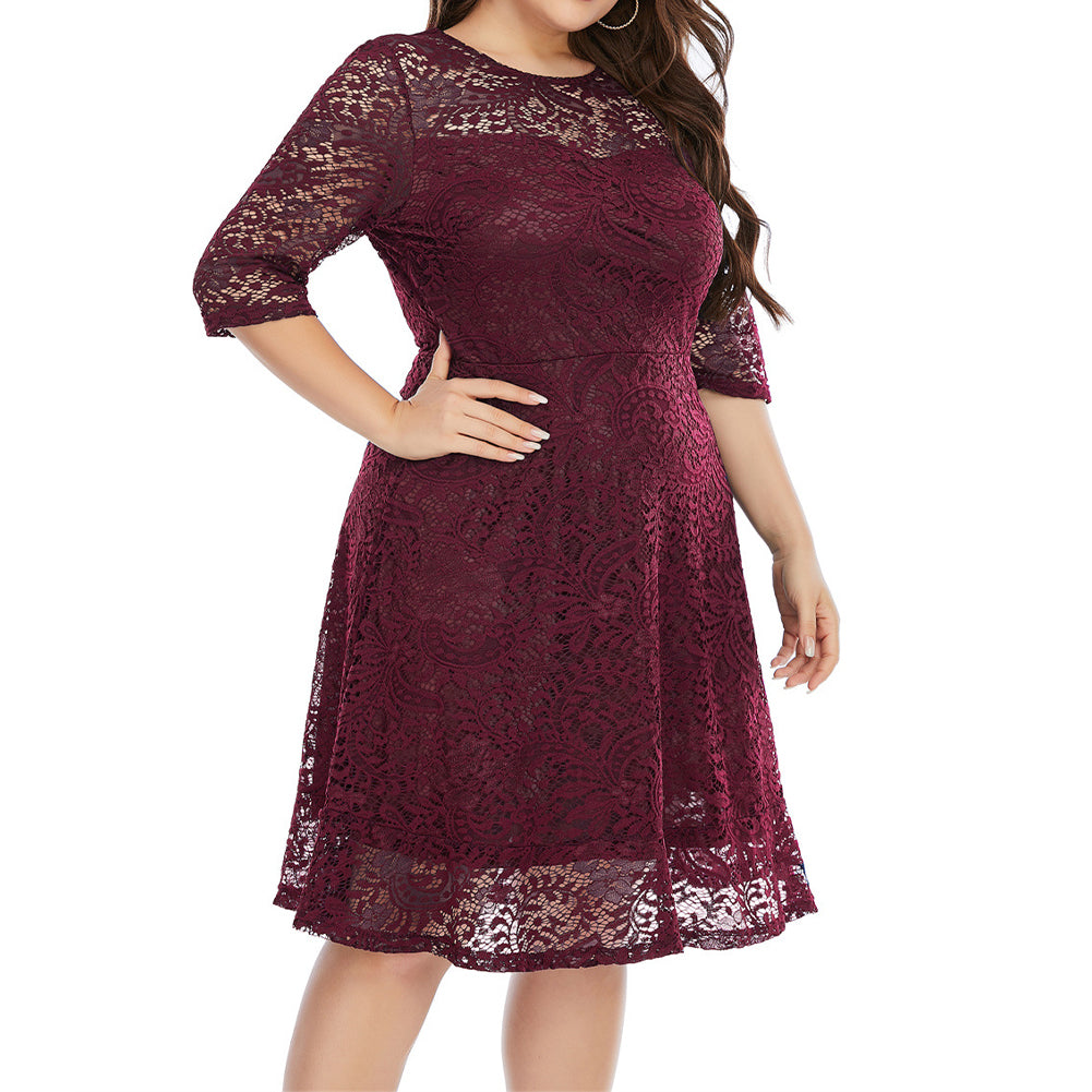 YESFASHION Plus Size Women Round Neck Lace Mid-length Dress