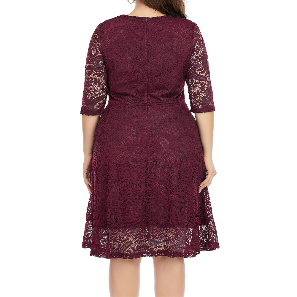 YESFASHION Plus Size Women Round Neck Lace Mid-length Dress