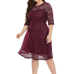 YESFASHION Plus Size Women Round Neck Lace Mid-length Dress