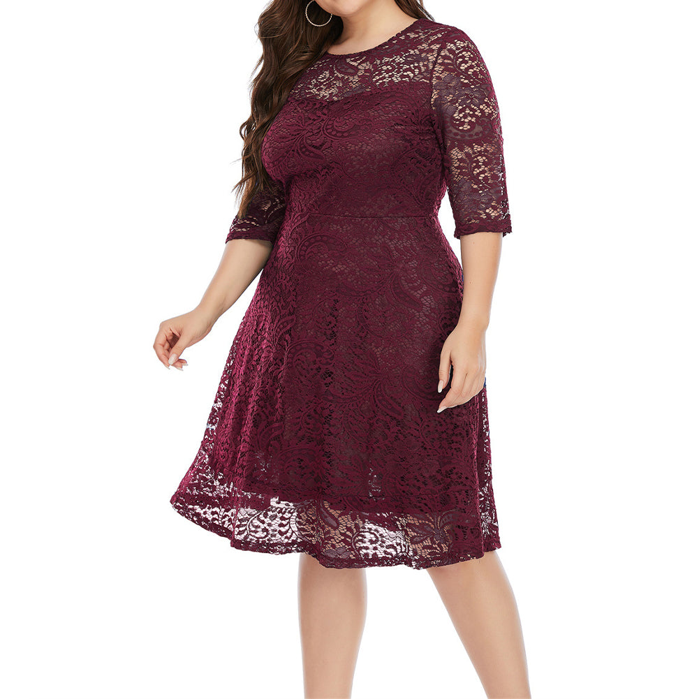 YESFASHION Plus Size Women Round Neck Lace Mid-length Dress