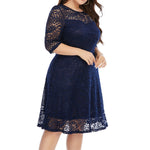 YESFASHION Plus Size Women Round Neck Lace Mid-length Dress