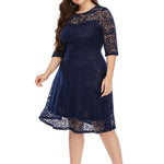 YESFASHION Plus Size Women Round Neck Lace Mid-length Dress