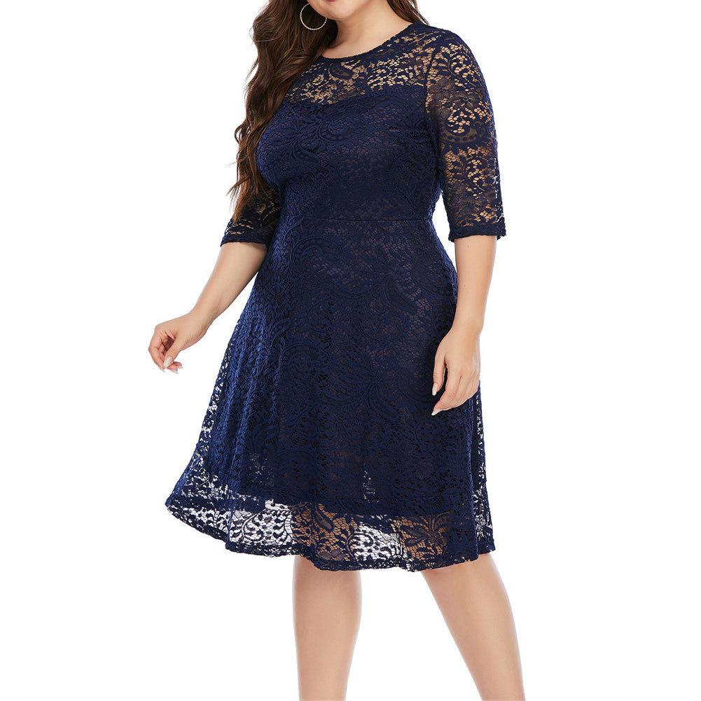 YESFASHION Plus Size Women Round Neck Lace Mid-length Dress