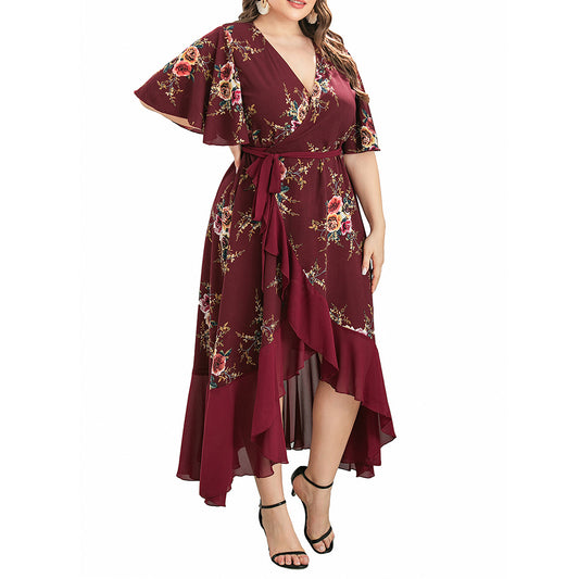 YESFASHION Plus Size Women V-neck Ruffled Irregular Print Dress Long Skirt