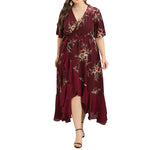 YESFASHION Plus Size Women V-neck Ruffled Irregular Print Dress Long Skirt