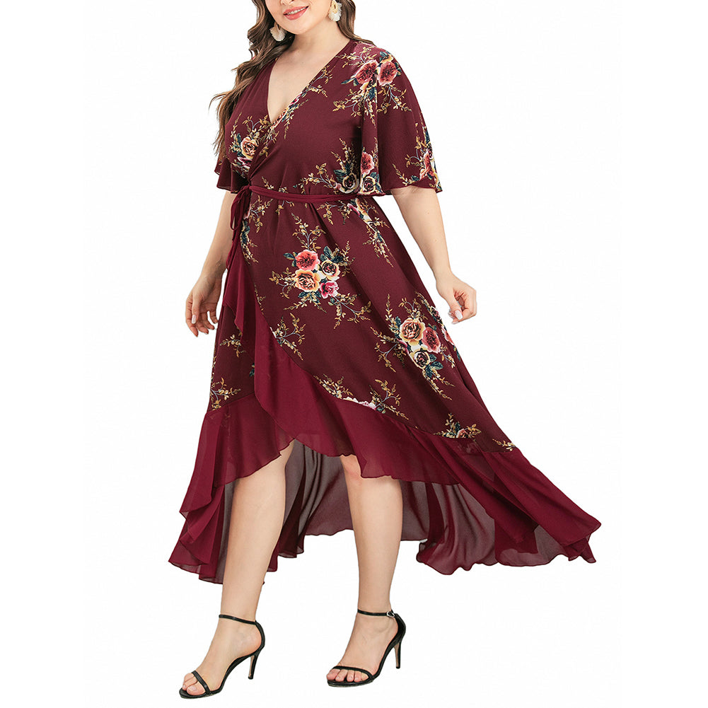YESFASHION Plus Size Women V-neck Ruffled Irregular Print Dress Long Skirt