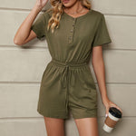 YESFASHION Solid Color Loose Short-sleeved Button Tie Pocket Jumpsuit