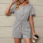 YESFASHION Solid Color Loose Short-sleeved Button Tie Pocket Jumpsuit