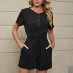 YESFASHION Solid Color Loose Short-sleeved Button Tie Pocket Jumpsuit