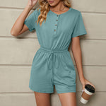 YESFASHION Solid Color Loose Short-sleeved Button Tie Pocket Jumpsuit