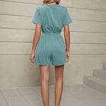 YESFASHION Solid Color Loose Short-sleeved Button Tie Pocket Jumpsuit