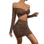 YESFASHION Women Long-sleeved Two-piece Suit Sexy Low-cut Tie-up Skirt