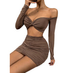 YESFASHION Women Long-sleeved Two-piece Suit Sexy Low-cut Tie-up Skirt