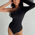 YESFASHION Women Slim Fit Bodysuit Patchwork Mesh Sexy Outerwear Tops