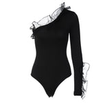 YESFASHION Women Slim Fit Bodysuit Patchwork Mesh Sexy Outerwear Tops