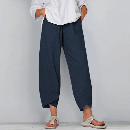 YESFASHION Women Wide-leg Pants Cotton Linen High Waist Pants