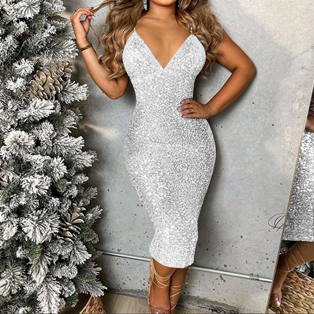YESFASHION Sequin Sexy V Neck Mid Skirt Dress With V-neck