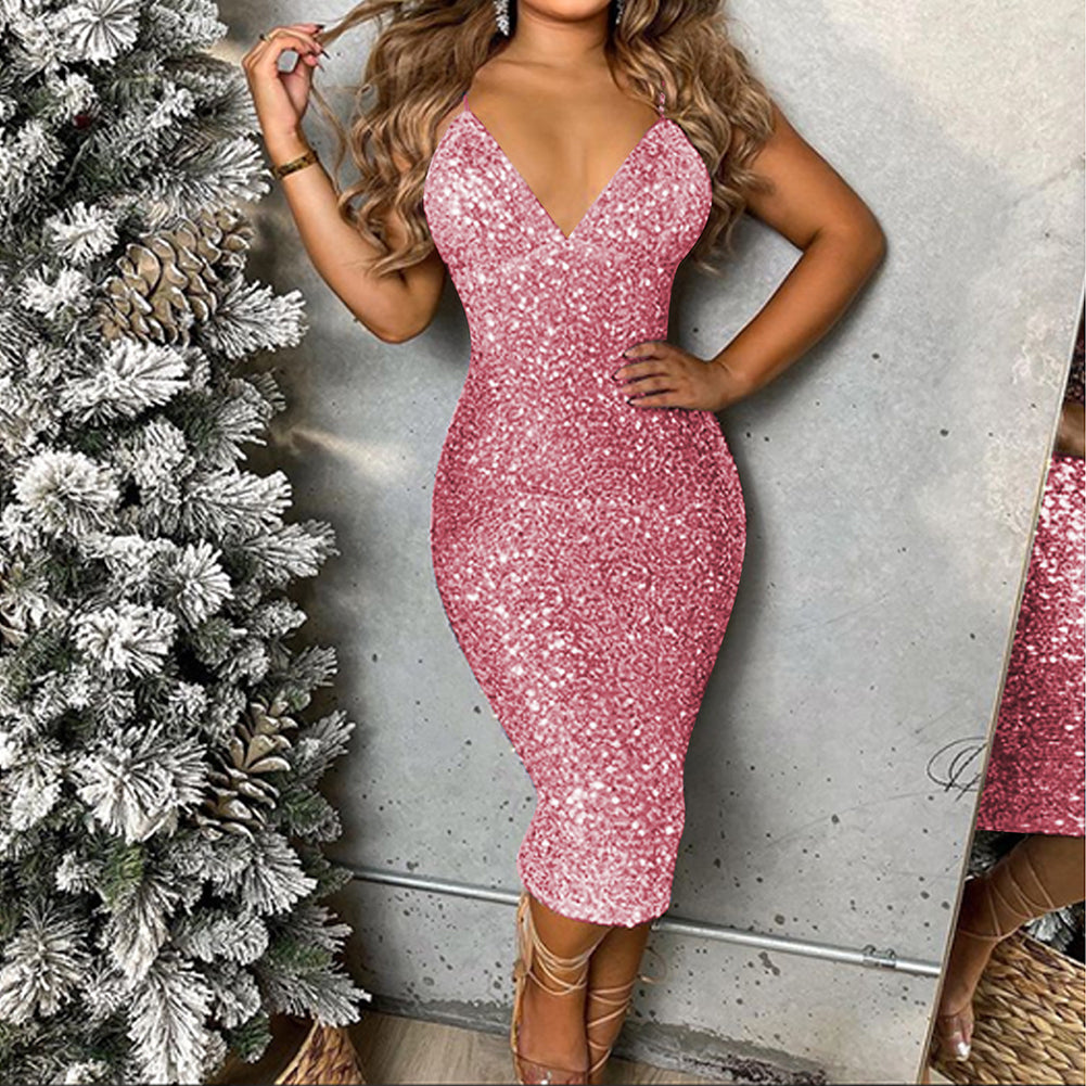 YESFASHION Sequin Sexy V Neck Mid Skirt Dress With V-neck