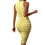 YESFASHION Low-cut Long Slim Sleeveless Pleated Dress