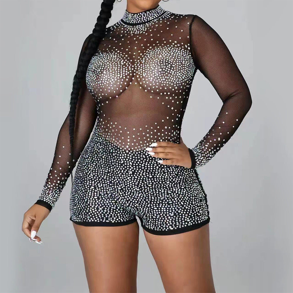 YESFASHION Sexy Nightclub Evening Hot Diamond See-through Jumpsuit Pants