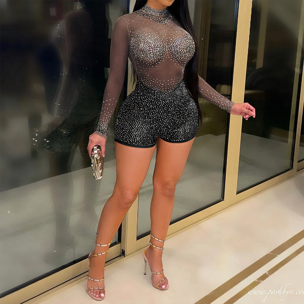 YESFASHION Sexy Nightclub Evening Hot Diamond See-through Jumpsuit Pants