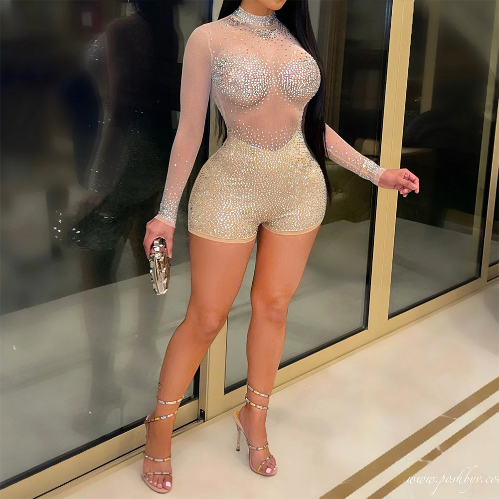 YESFASHION Sexy Nightclub Evening Hot Diamond See-through Jumpsuit Pants