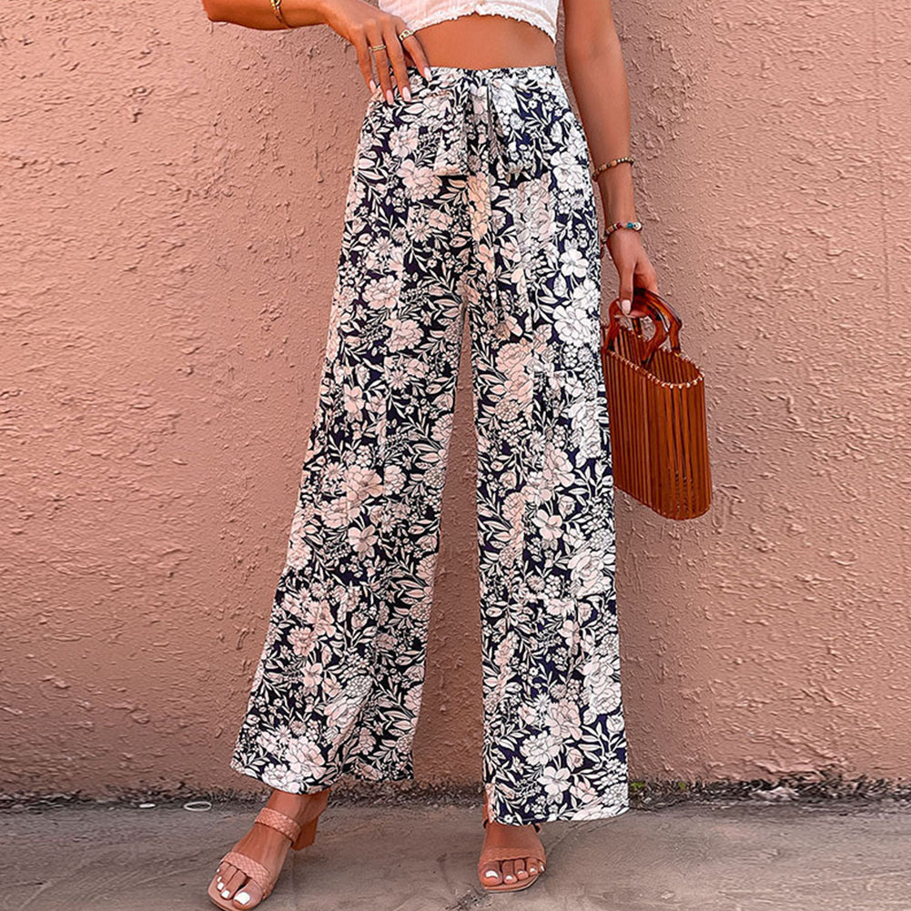 YESFASHION Women Wide-leg Pants Floral Printed High Waist