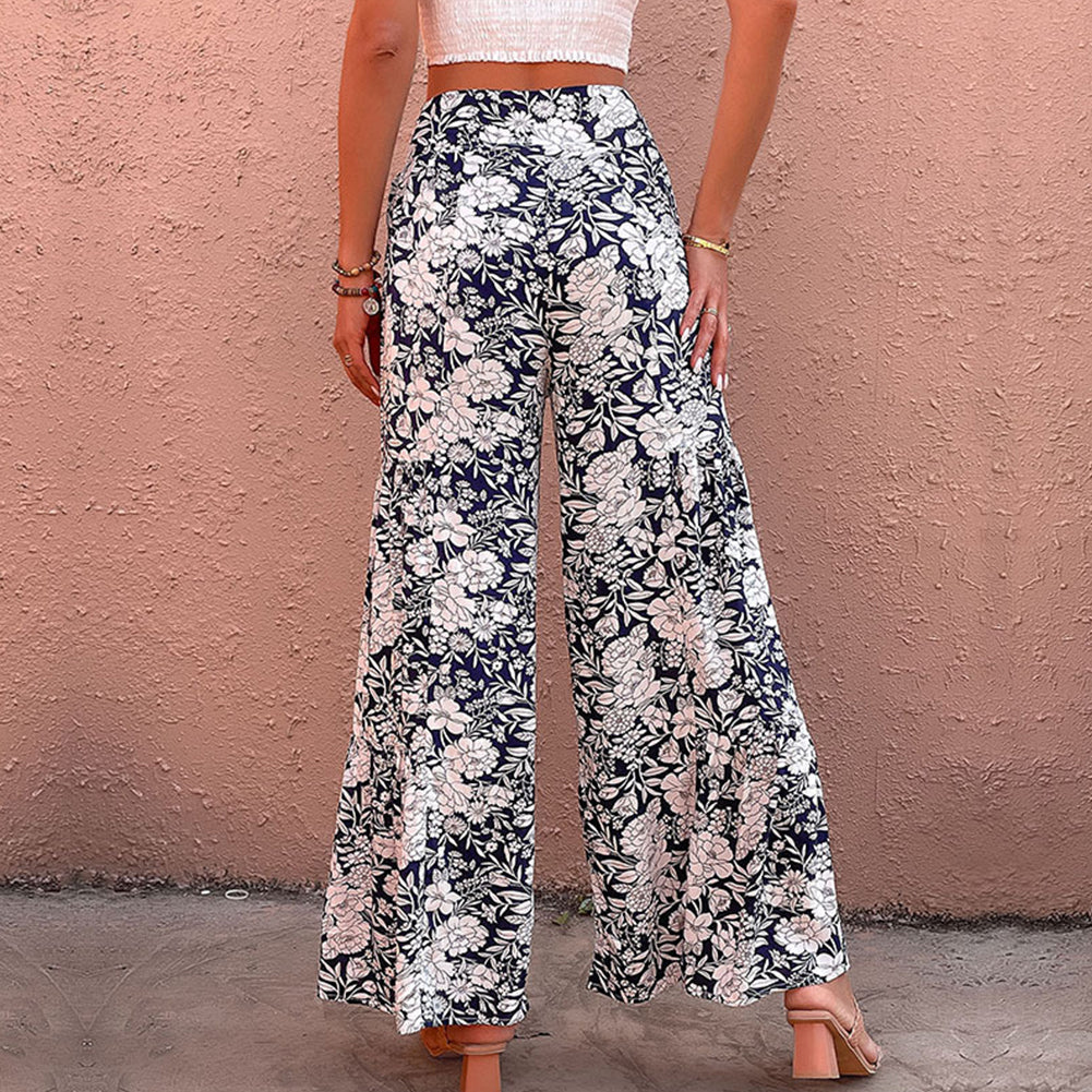 YESFASHION Women Wide-leg Pants Floral Printed High Waist