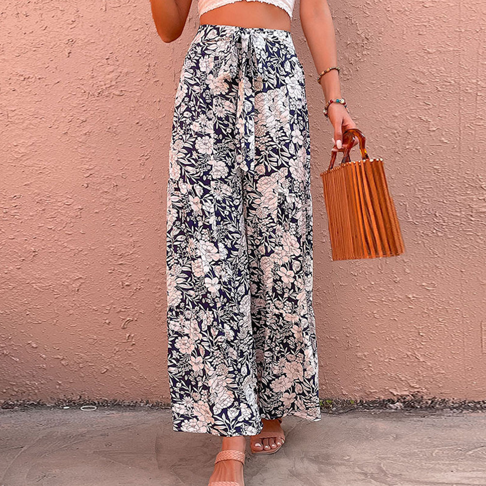 YESFASHION Women Wide-leg Pants Floral Printed High Waist