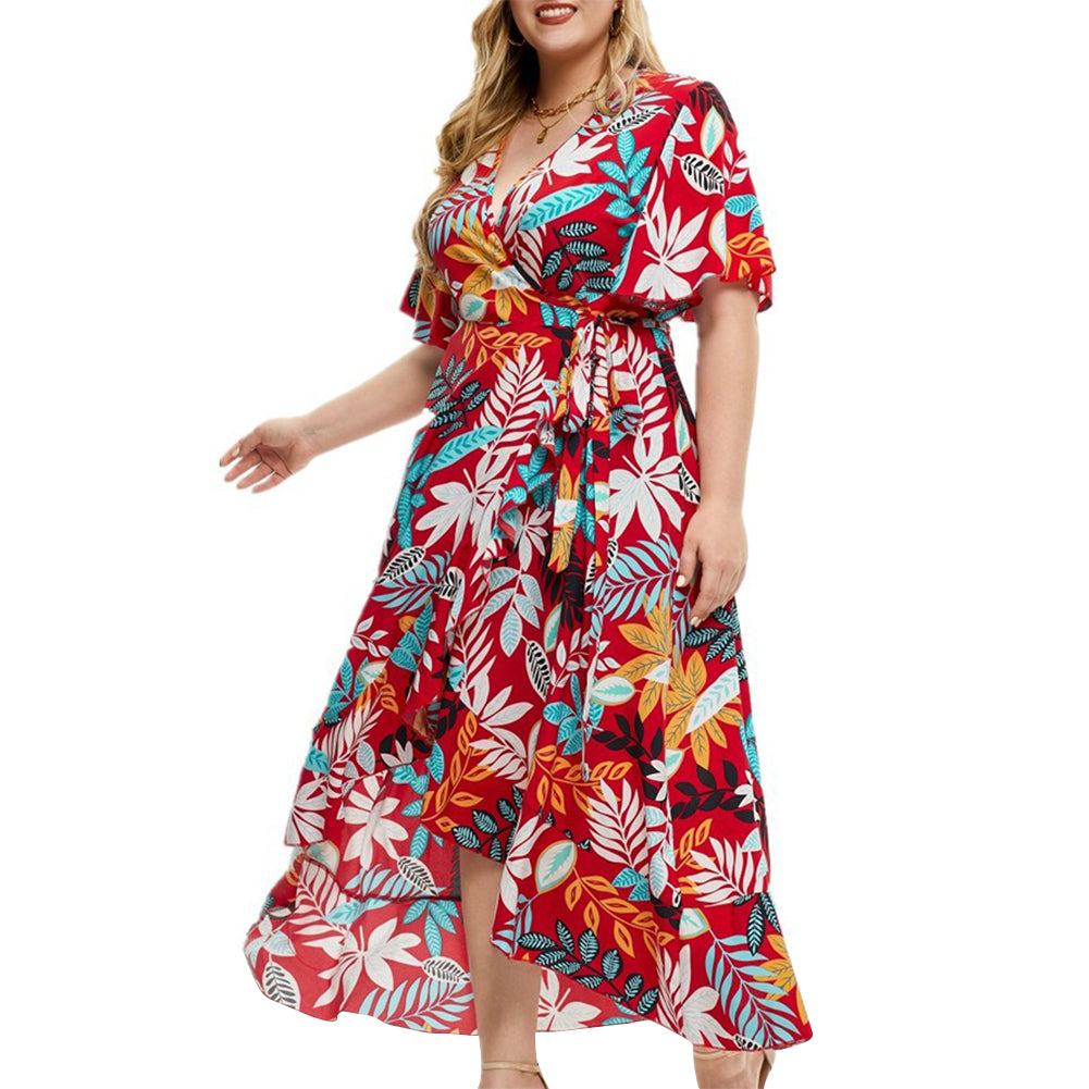 YESFASHION Women Short Sleeve Resort Style Printed Wrap Dress