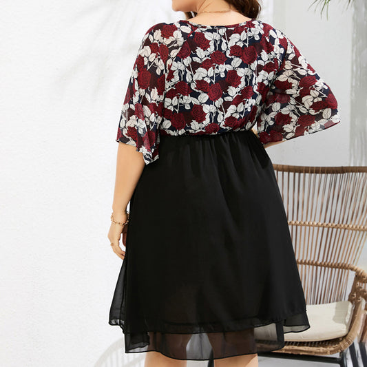 YESFASHION V-neck Plus Size Women Rose Print Chiffon Dress