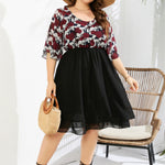 YESFASHION V-neck Plus Size Women Rose Print Chiffon Dress