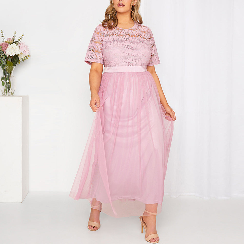 YESFASHION Women Plus Size Hollow Out Lace Sweet Princess Style Long Dress