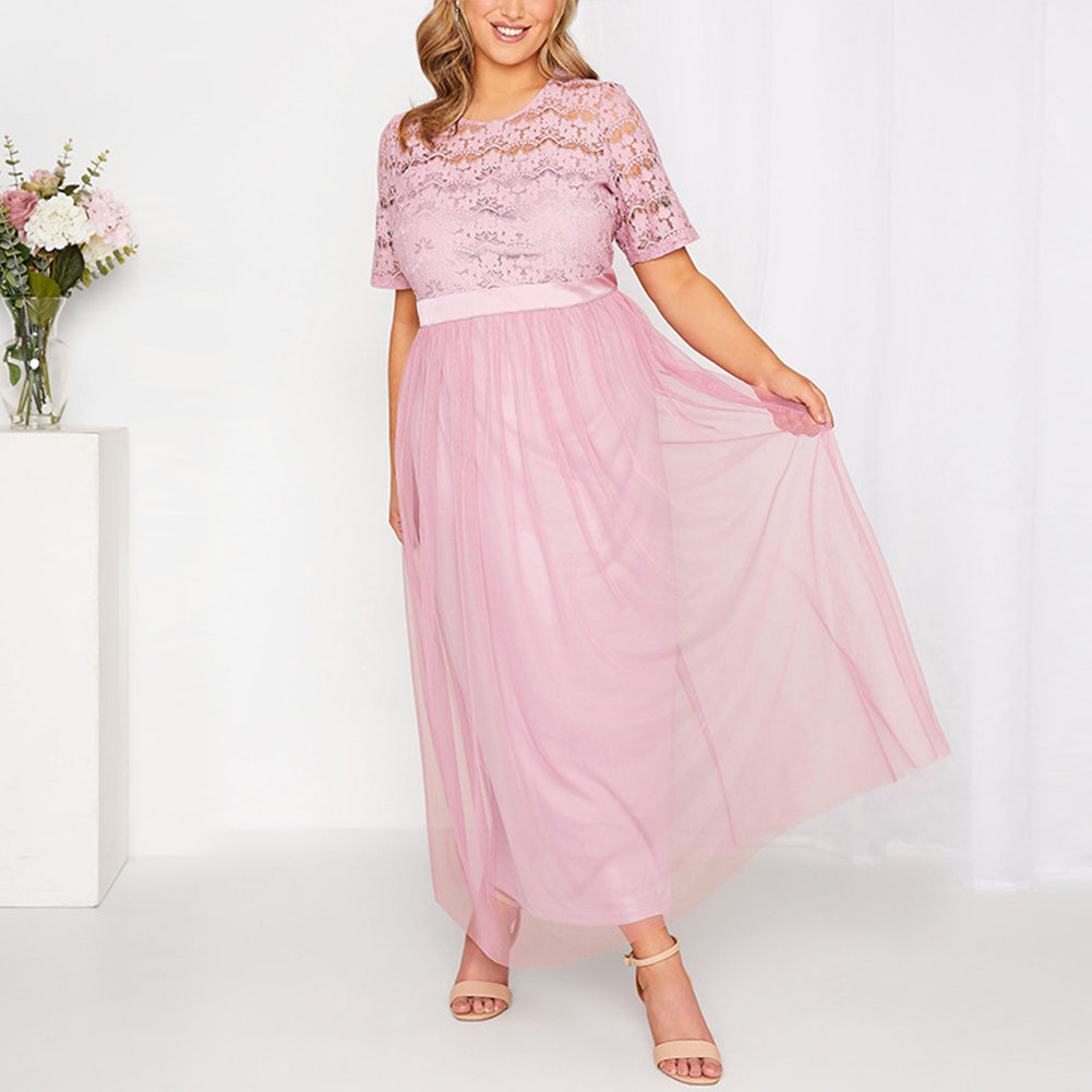 YESFASHION Women Plus Size Hollow Out Lace Sweet Princess Style Long Dress