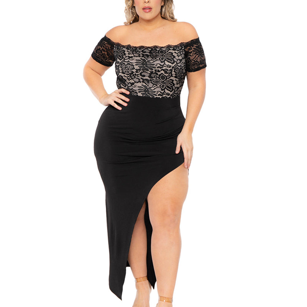 YESFASHION Women Plus Size Slit Hollow Out Lace High Waist Dress