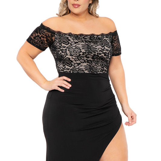 YESFASHION Women Plus Size Slit Hollow Out Lace High Waist Dress