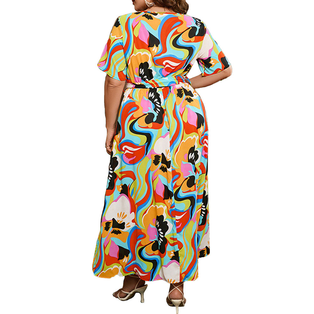 YESFASHION Art Illusion Plus Size Dress Short-sleeved Chiffon Long Dress
