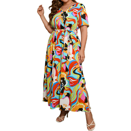 YESFASHION Art Illusion Plus Size Dress Short-sleeved Chiffon Long Dress