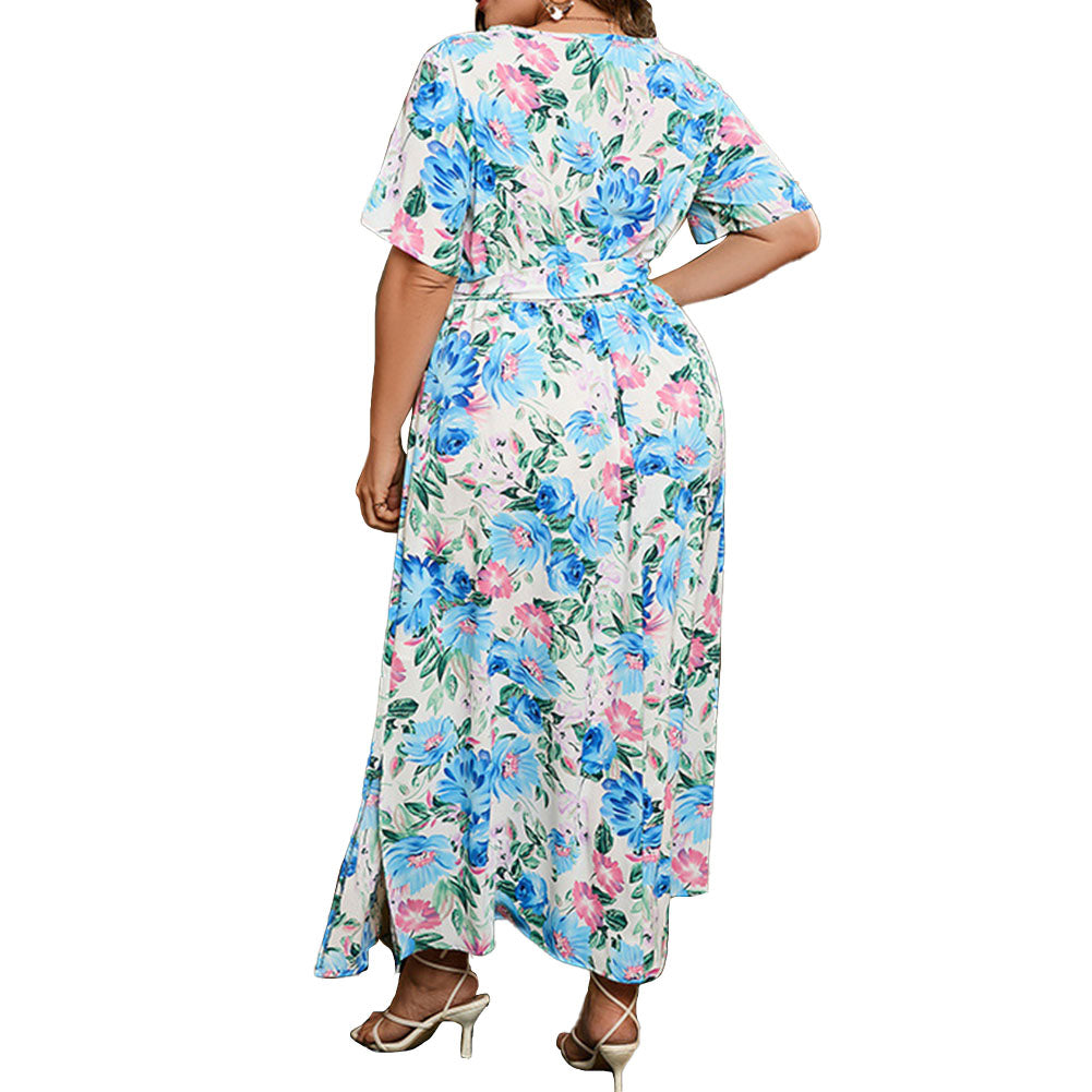 YESFASHION Plus Size Dress Art Painted Floral Elastic Waist Long Dress
