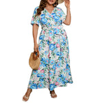YESFASHION Plus Size Dress Art Painted Floral Elastic Waist Long Dress