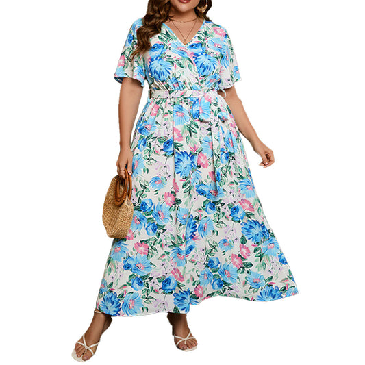 YESFASHION Plus Size Dress Art Painted Floral Elastic Waist Long Dress