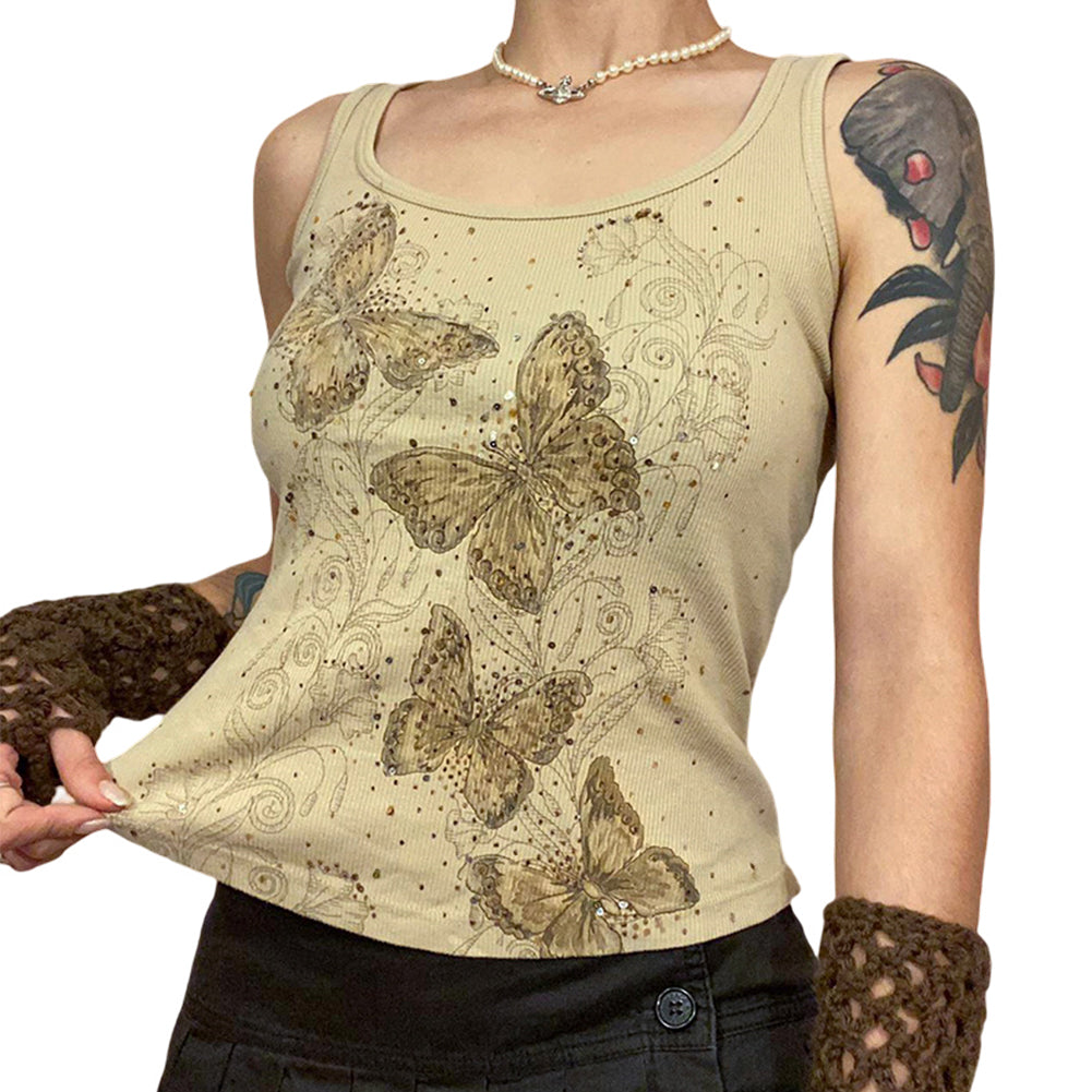 YESFASHION 2023 Spring Retro Butterfly Printed Round Neck Slim Tops