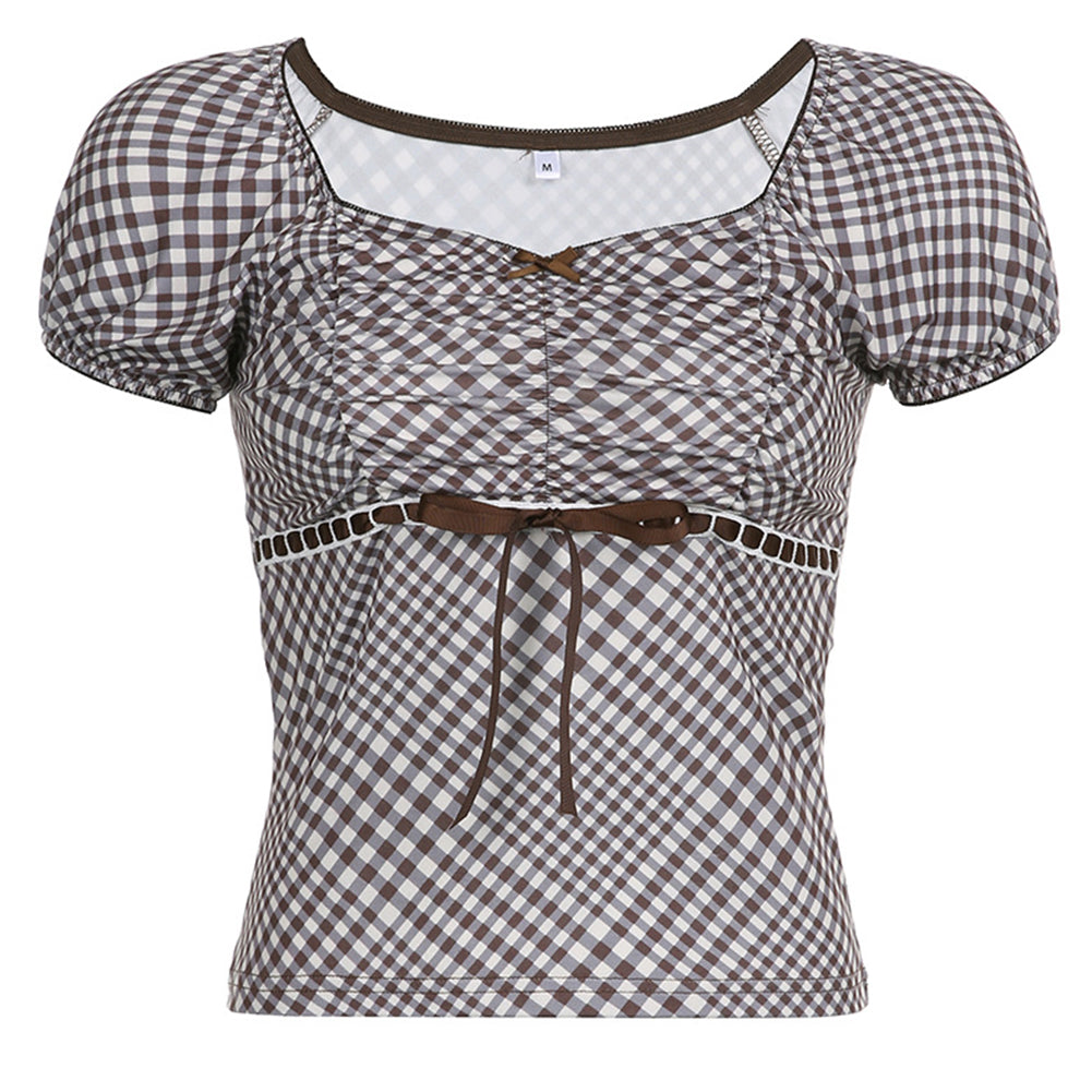 YESFASHION Retro Niche Grid Butterfly Drawstring Strap Tops