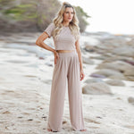 YESFASHION Women Outfits Suit Short Sleeves Round Neck T-shirt Elastic Set