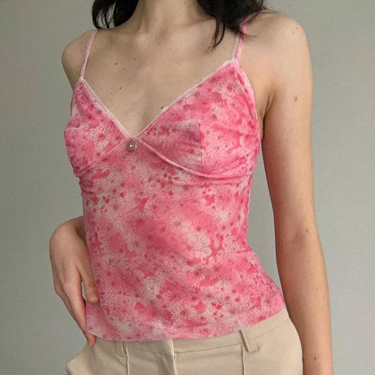 YESFASHION Floral Camisole V-neck Out Wear All-match Thin Vest Tops